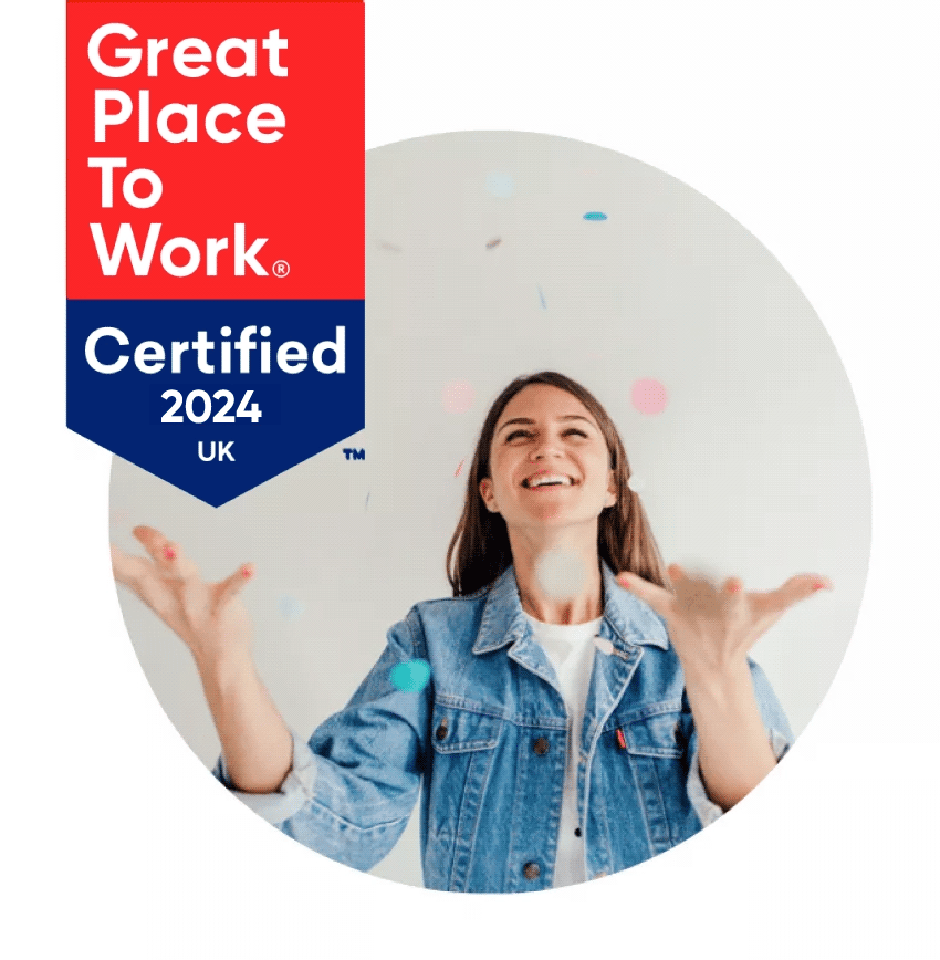 Woman celebrating with confetti, with overlay of the 2024 Great Place To Work Certified Companies logo