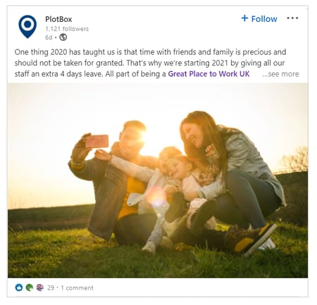 PlotBox-LinkedIn-post-happy-family-great-place-to-work